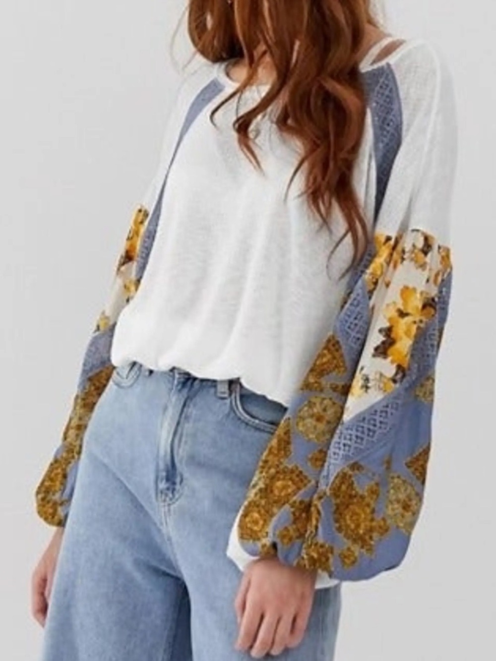 Free People “Flower Bloom” Boho Ribbed Patchwork Floral Balloon Sleeve Blouse•S